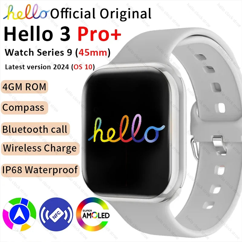 New Hello Smart Watch 3 Pro Plus Series 9 45mm AMOLED 4G ROM NFC Compass Clock Bluetooth Call Smartwatch 2024 Men Women For IOS