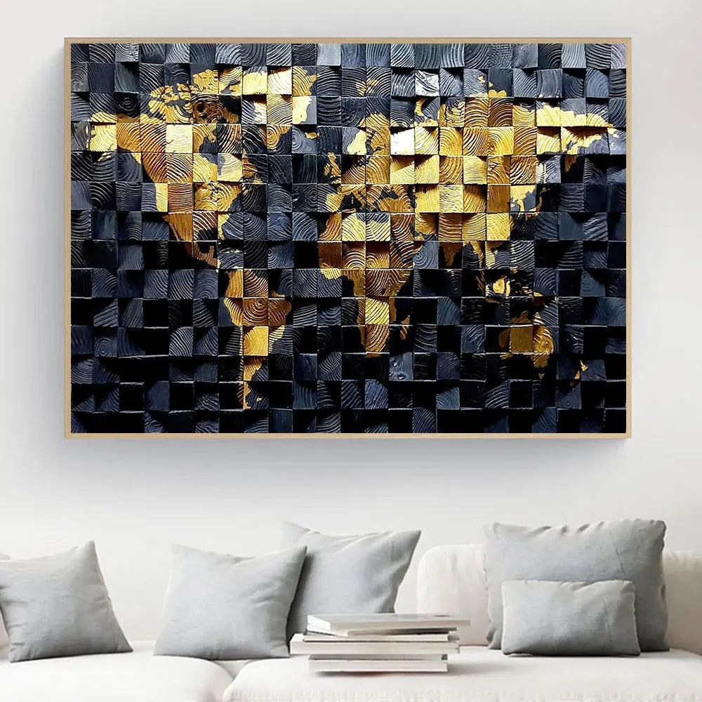 Black And Golden Collage World Map 3D.