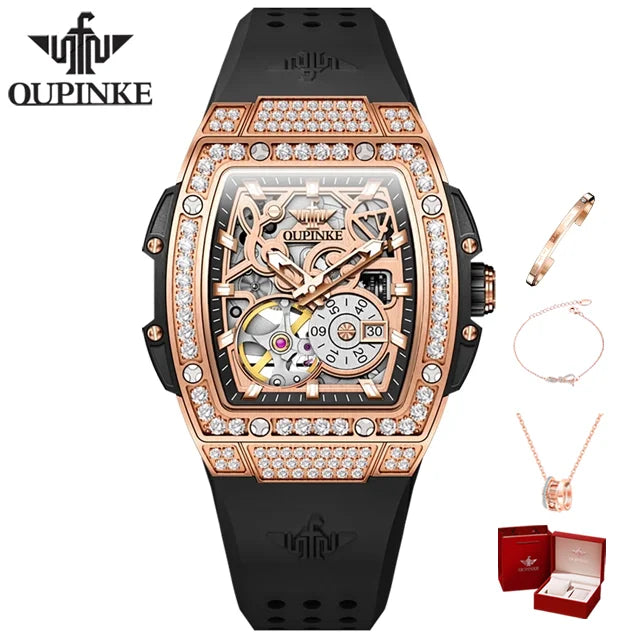 OUPINKE 3220 Diamond Woman Mechanical Watch Hollow Out Chronograph Automatic Watch for Women Luxury Elegant Ladies Wristwatch