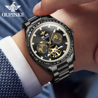 OUPINKE 3280 Hollow Skeleton Mechanical Men Watch Luxury Fashion Auto Date Watch For Men Deep Waterproof Business Man Wristwatch