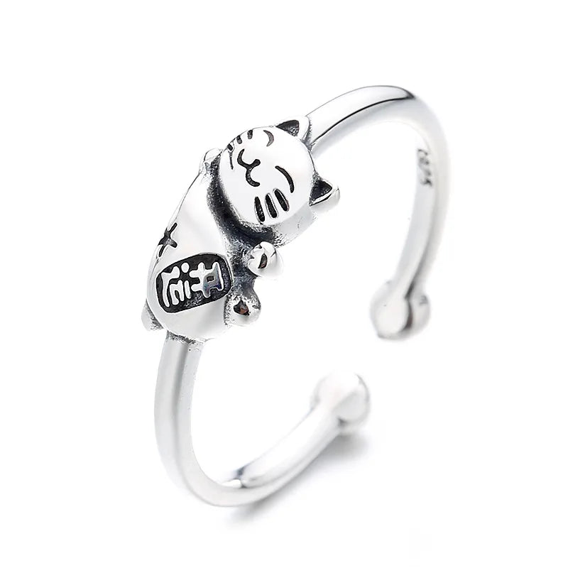 Silver Lucky Cat Finger Ring for Women.