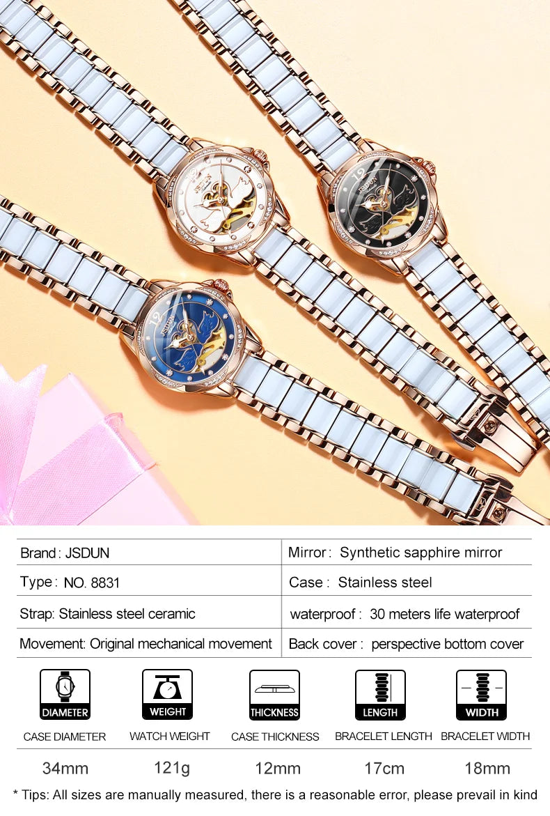 Luxury Mechanical Women Watch Love Swan Design Skeleton Elegant Ceramics Strap Waterproof  Ladies Wristwatch Girls Dress Watch