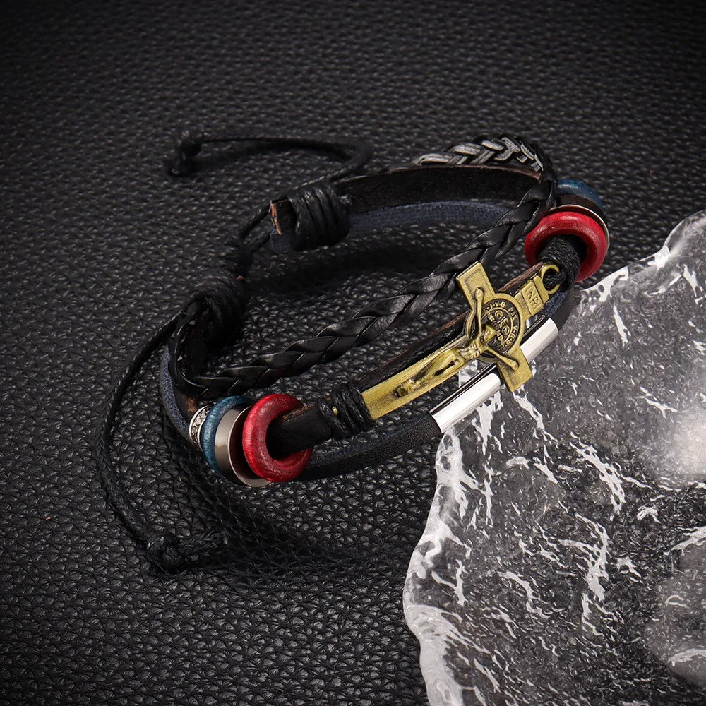 Trendy Retro Multi-layer Leather Woven Cross Jesus Bracelets Fashion Charm Men Bracelets Religious Amulet Jewelry Accessories