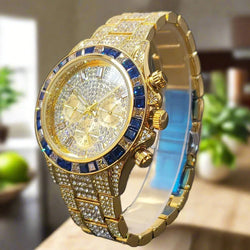 Gold Men Watch With Dark Blue Diamond.