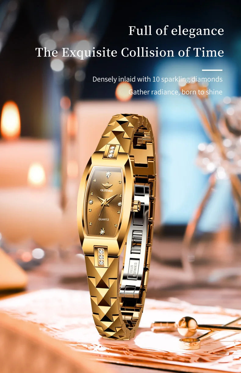 OUPINKE Original Watch for Women Luxury Diamond Gold Sapphire Quartz Waterproof Tungsten Steel Swiss Watches Bracelet Gift Set