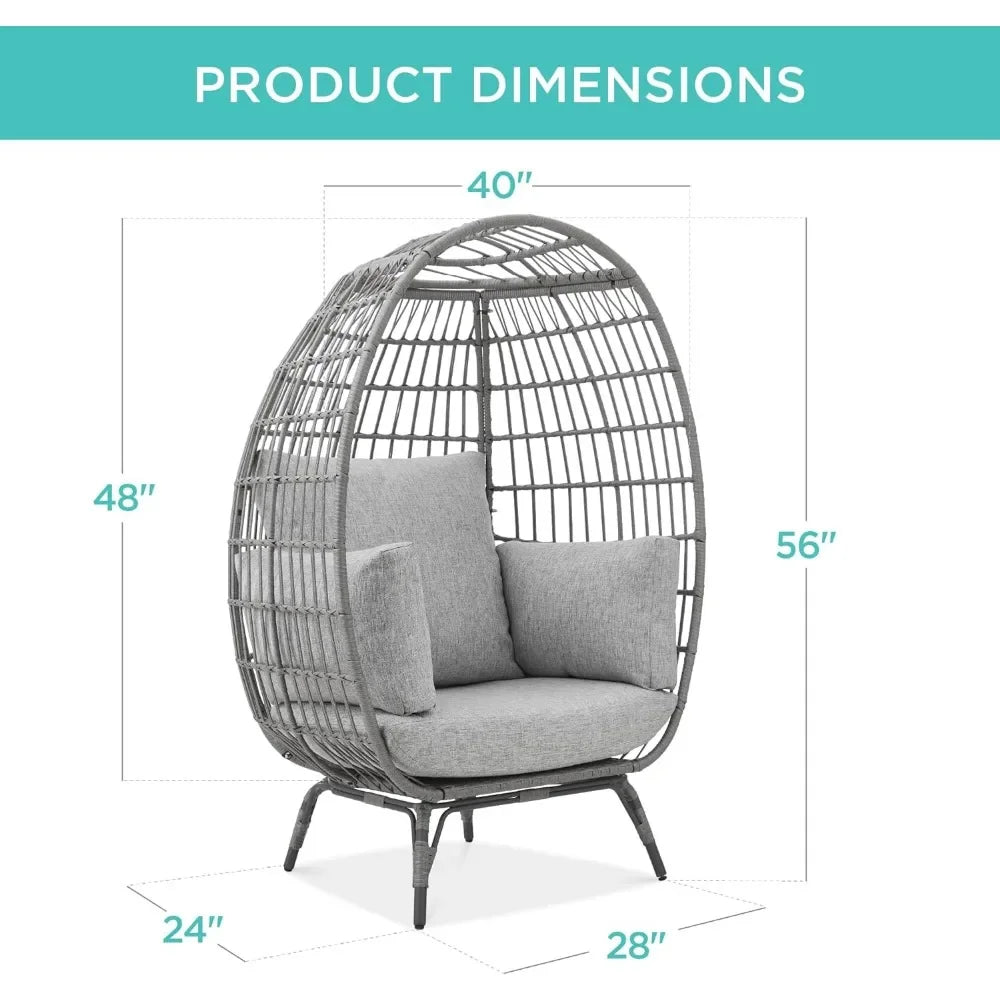 Wicker Egg Chair, Oversized Outdoor Lounger for Patio, Backyard,w/ 4 Cushions, Steel Frame, 440lb Capacity - Gray/Heather Gray