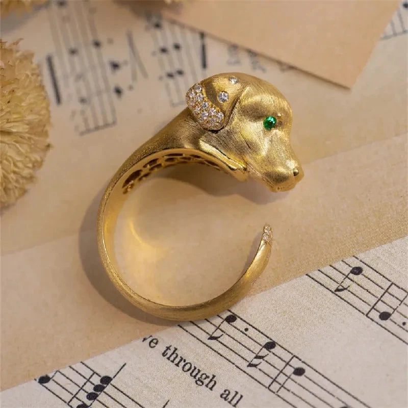 Cute Healing Zircon Golden Dog Ring