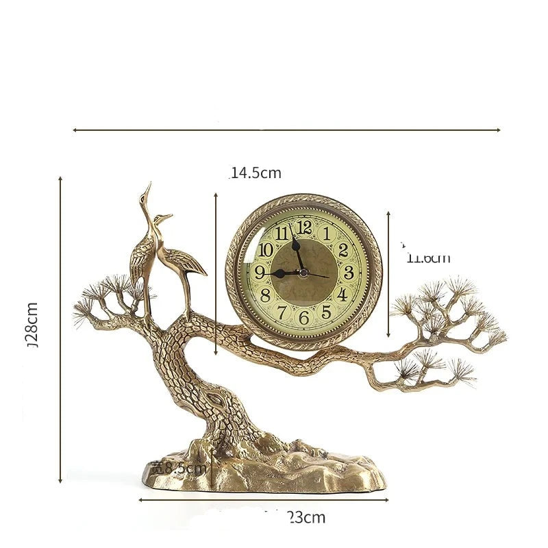 Pure Copper red-crowned crane Desk Silent Clock Living Room Fashion Quartz Clock Desktop Brass Decorations