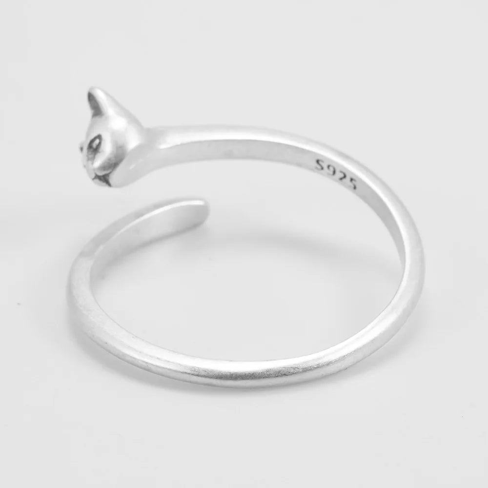 Cute Cat Matte Open Adjustable Silver Ring for Women