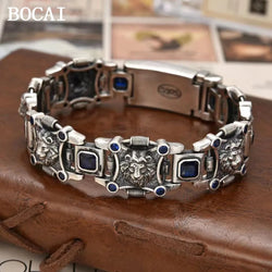 BOCAI New18MM S925 Sterling Silver Domineering Personalized Arabic Style Blue Diamond Lion Bracelet Men's Gift