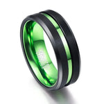 Men's Black Matte Finish Tungsten Carbide Ring Green Center Groove Polished Beveled Edges Comfort Fit