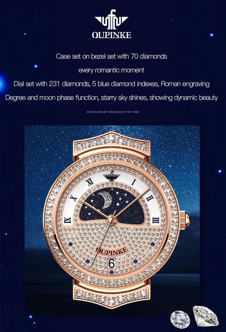 OUPINKE Original Swiss Quartz Movement Watch for Women High Quality Full Diamond Ladies Wrist Watch Sapphire Crystal Moonswatch