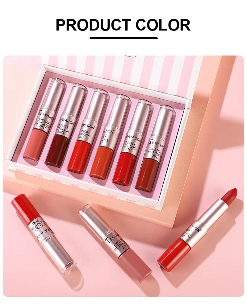 Heallor 6 Colors Double Head Lip Gloss Matte Velvet Sexy Red Tint Liquid Lipstick Waterproof Mirror Water Lip Glaze Lips Makeup