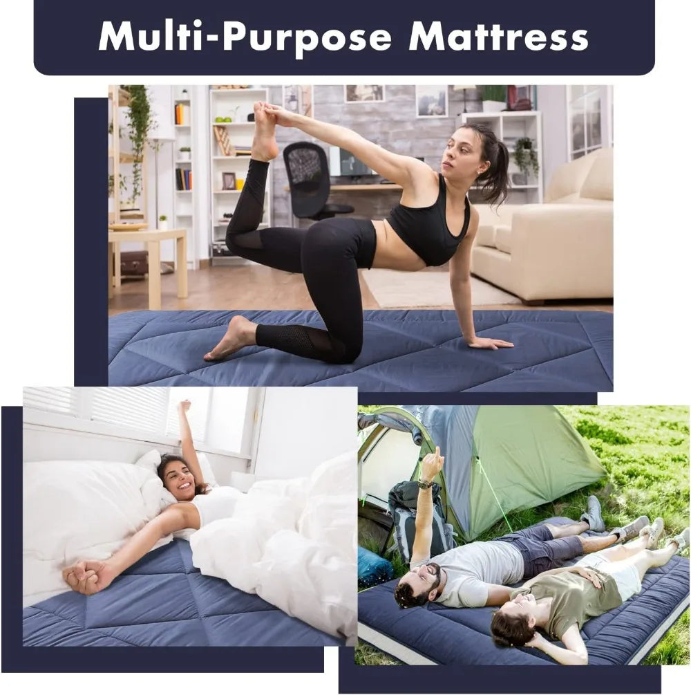 Japanese Floor Mattress Futon Mattress, Thicken Sleeping Mattress Foldable & Portable Roll Up Camping Mattress, Blue Queen