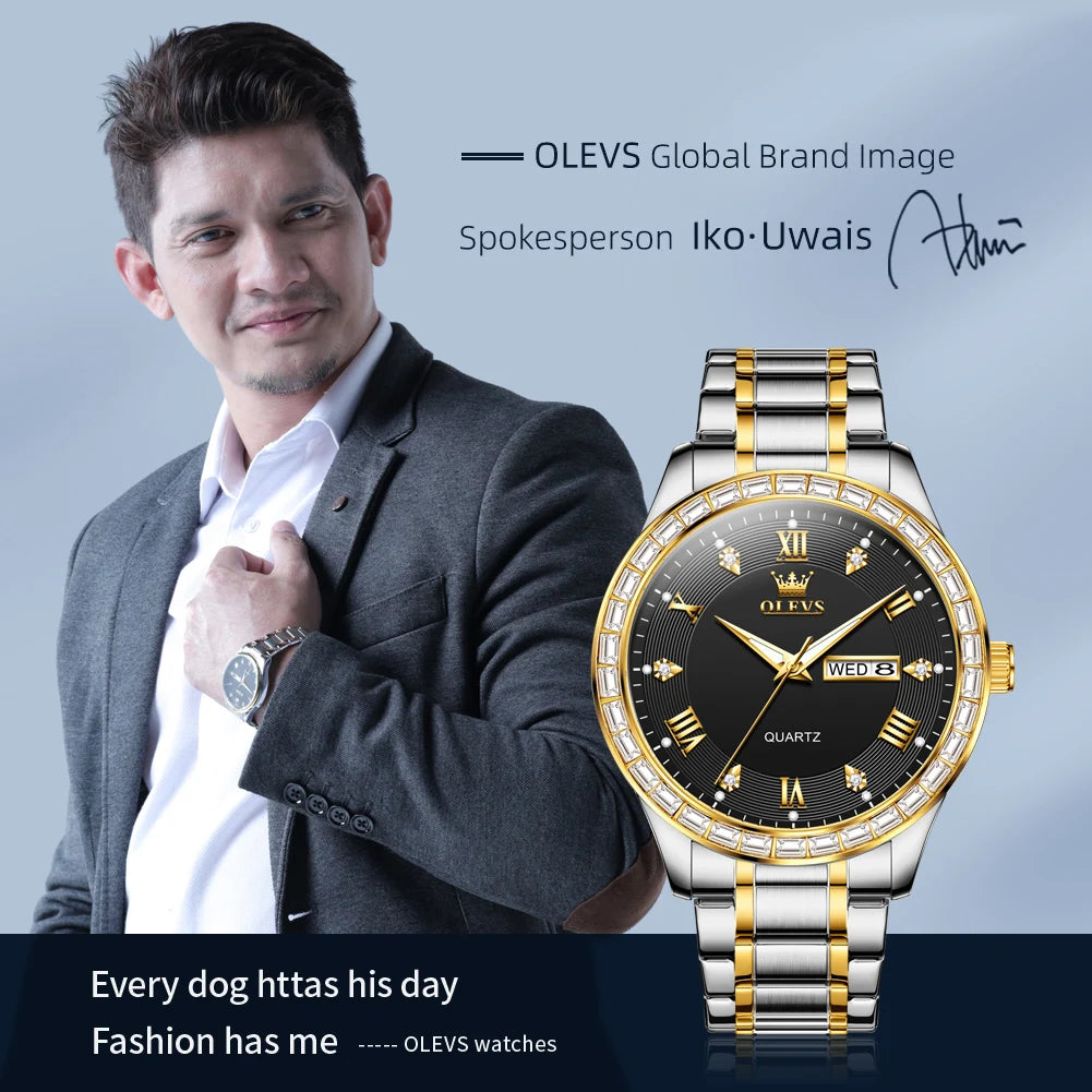 OLEVS Men's Watch Stainless steel Calendar Week Quartz Watch Waterproof Luminous Diamond Originals Luxury Dress Male Wristwatch