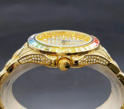 Waterproof Watch Rainbow Diamond Luxury Gold.