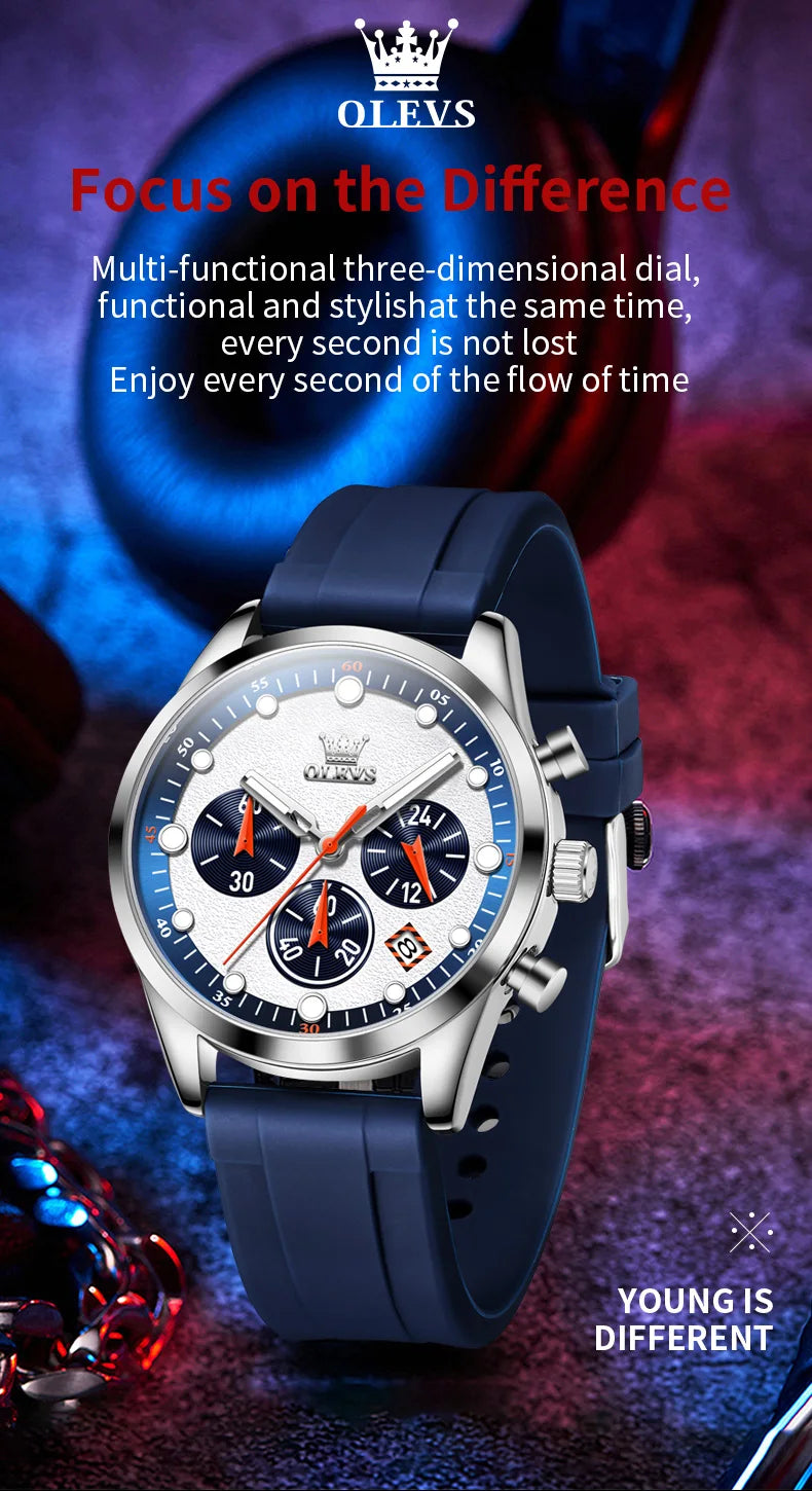 OLEVS Luxury Watch Men Silicone Strap Waterproof Luminous Chronograph