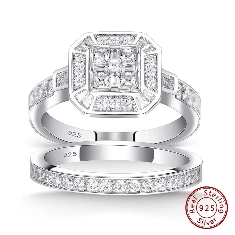 Silver Diamond Engagement Wedding Ring Set.