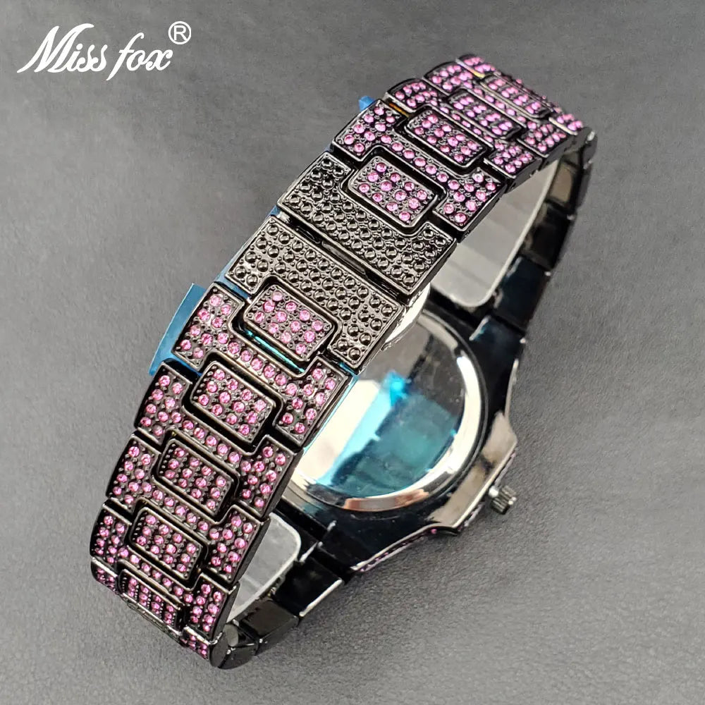 Diamond Men's Watch Black Full Pink Zircon Bling Bling Hip Hop Stylish Quartz Watch For Man Calendar Hand Clock Dropshipping