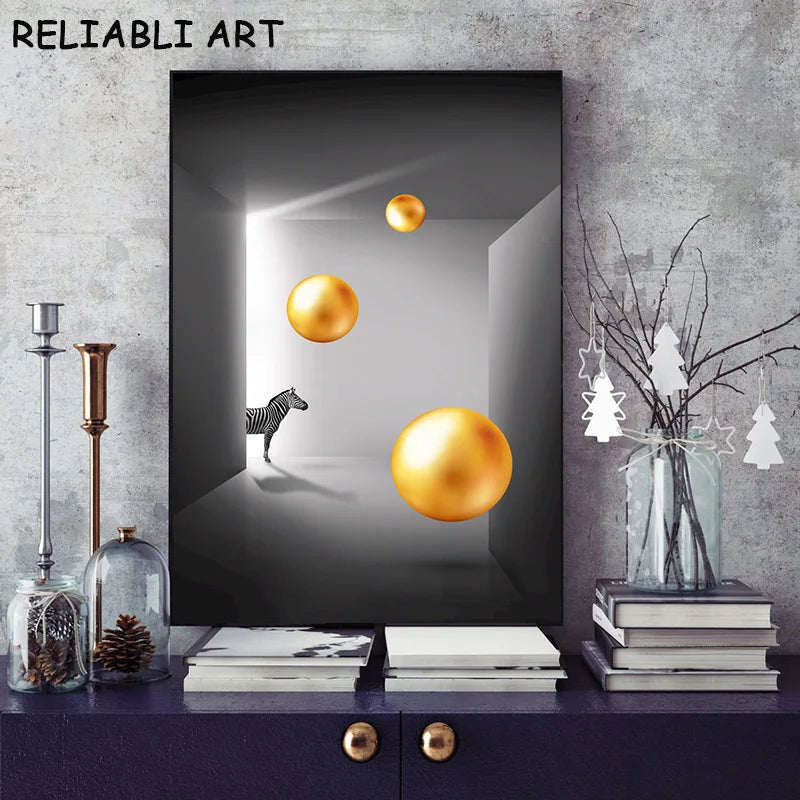 Modern Animal Elephant Giraffe Zebra Metal Ball Abstract Canvas Painting Wall Art For Living Room Home Decor No Frame