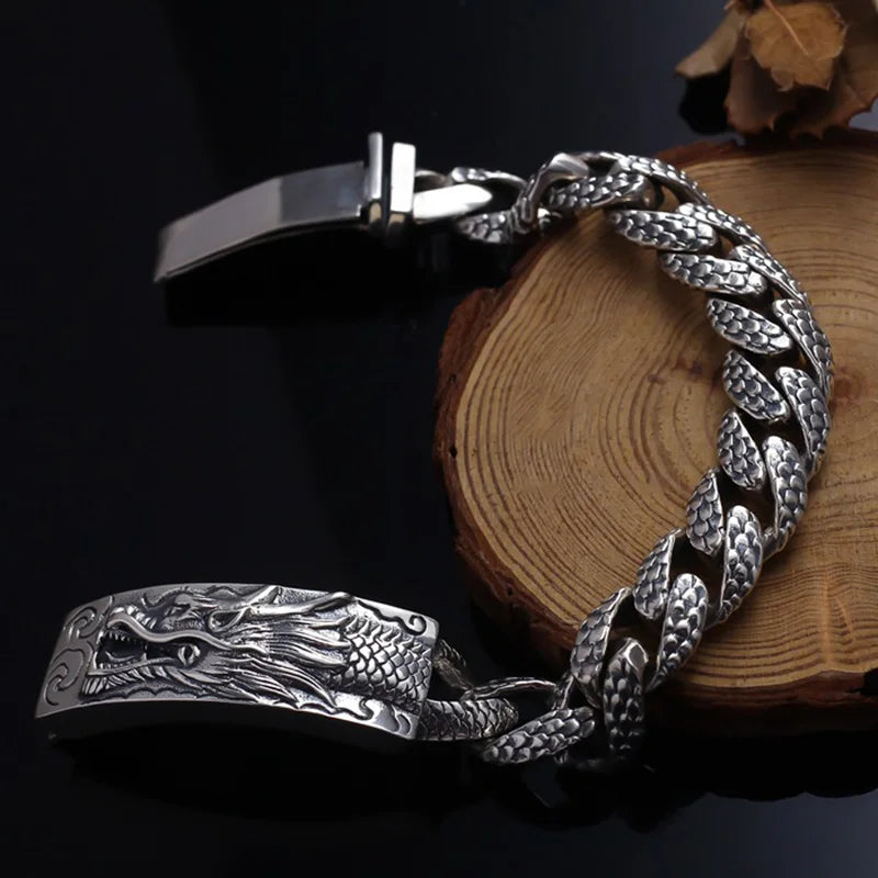 Heavy Wide Silver Dragon Bracelet Vintage.