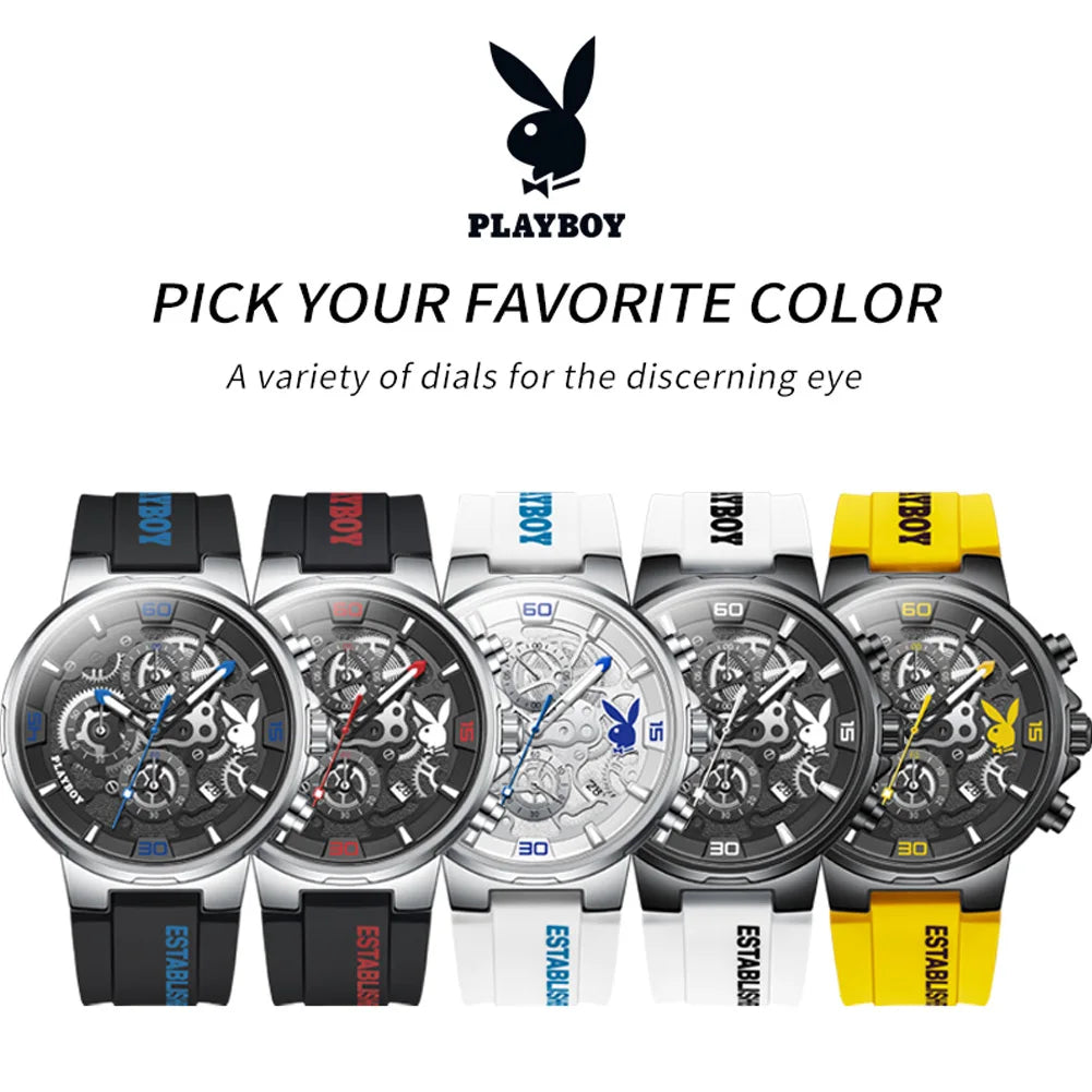 PLAYBOY Luxury Men Watch Silicone Strap Waterproof.