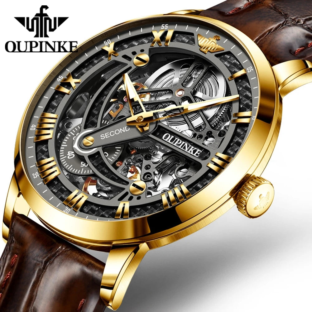 OUPINKE Men Watches Luxury Automatic Mechanical Self Winding Skeleton 5ATM Waterproof Sapphire and Tungsten Steel Wrist Watch