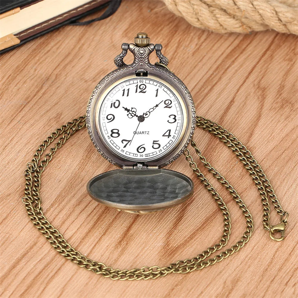 Vintage Retro Bronze Hollow Train Locomotive Steampunk Quartz Pocket Watch Women Men Necklace Pendant with Chain Birthday Gift