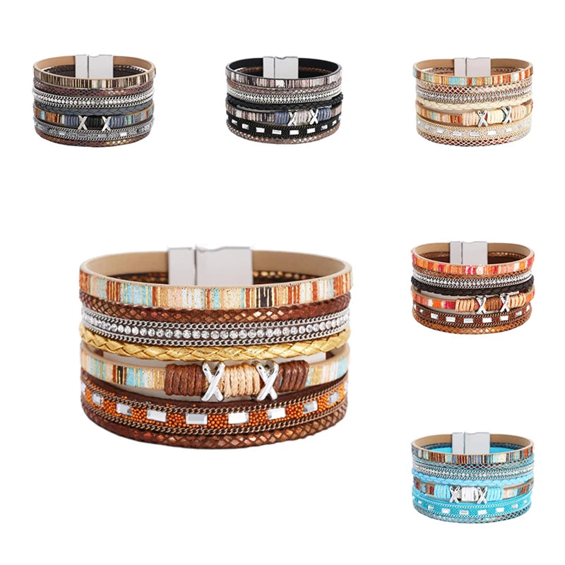 WYBU Hot Boho Style Multi Layer PU Leather Color Braided Wide Edge Bracelet for Women Jewelry Magnet Buckle Bracelet Wholesale