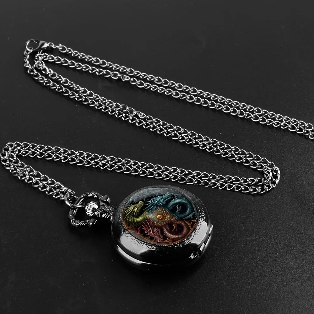 1pc Retro Dragon Quartz Pocket Watch, Cool Black Necklace Pocket Watch, Unique Pendant Clock Gift