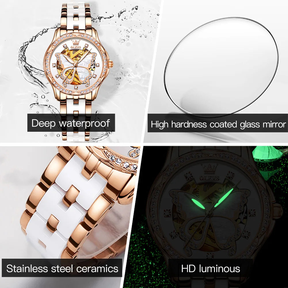 OLEVS 6622 Diamond Luxury Woman Automatic Watch Butterfly Original Mechanical Watch For Women Waterproof Luminous Hand Clock