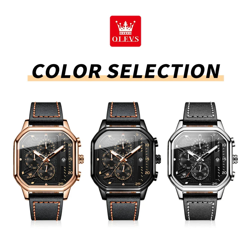 OLEVS 9950 Quartz Great Quality Square Men Wristwatch Fashion Genuine Leather Strap Waterproof Watches for Men Luminous Calendar