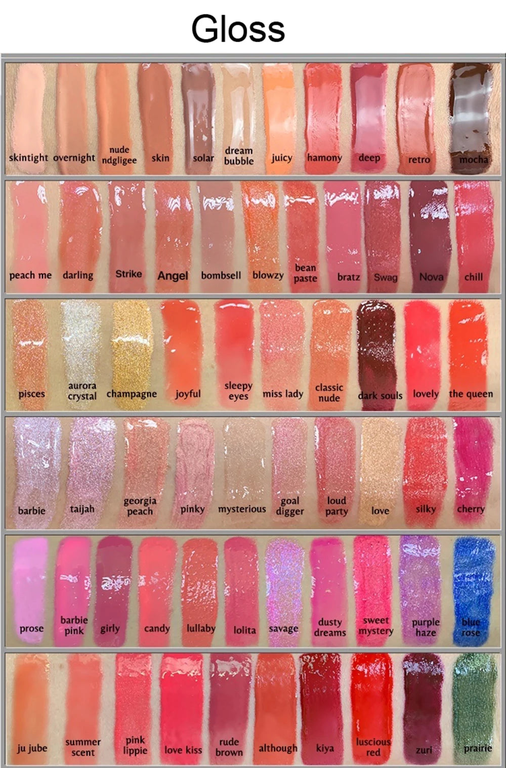 Glossy lipsticks color chart with various shades and names like "darling," "joyful," and "pinky" for creating personalized lip looks.