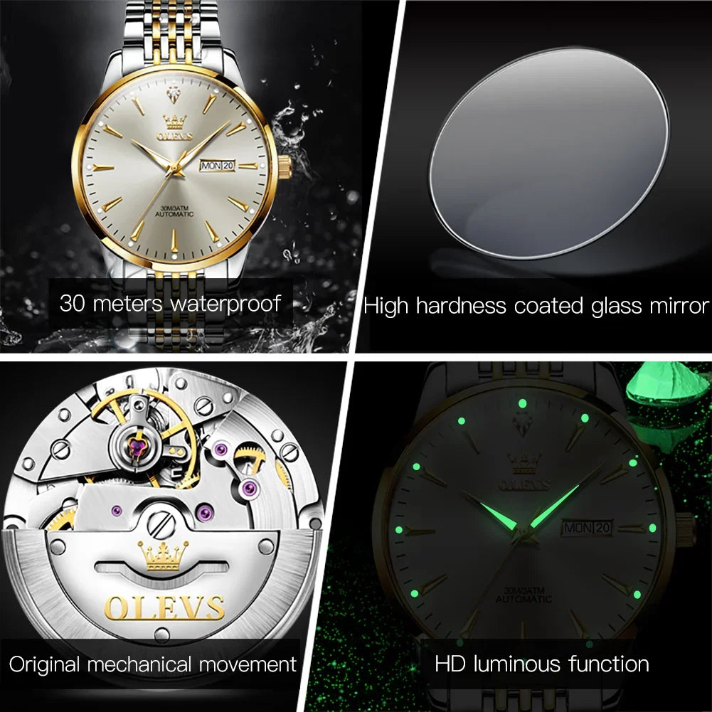 OLEVS 6635 Business Automatic Mechanical Watch For Men, Hot Waterproof Stainless Steel Strap Men Wristwatches Luminous Calendar