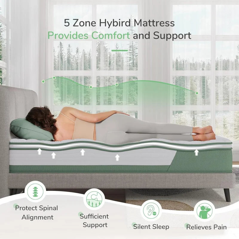 Mattress Queen, 12 Inch 5-Zone Hybrid Mattress with GelFoam for Pressure Relief & Cool Night, Midume Firm Queen Mattress