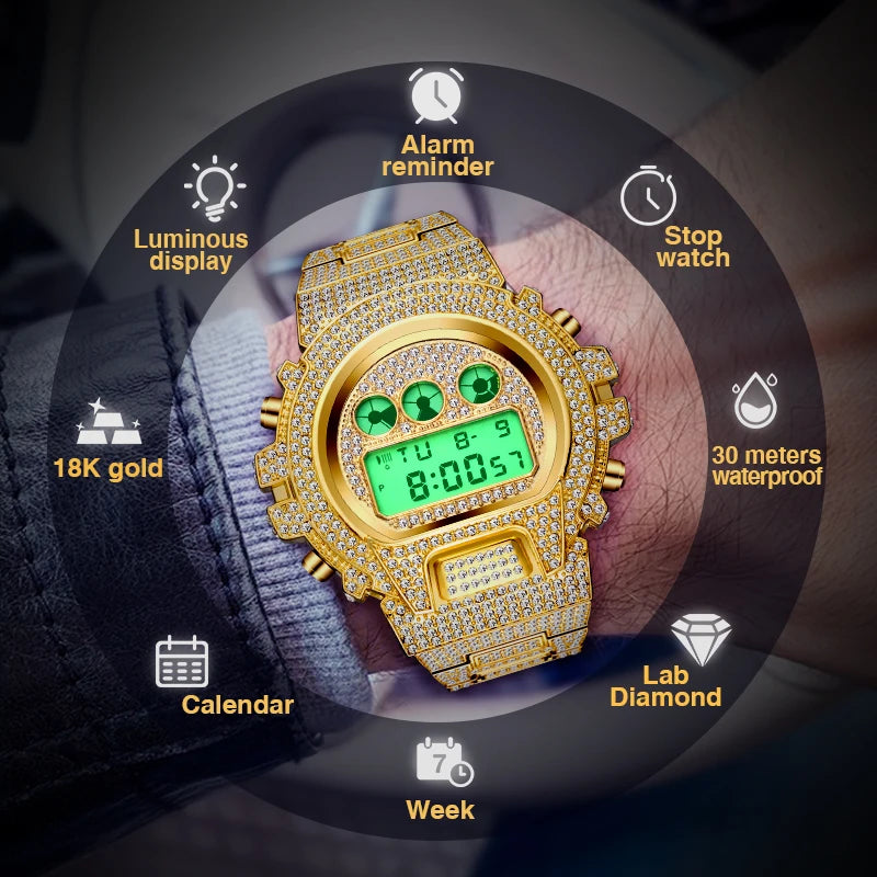 Digital Watches Men's Gold Luxury Waterproof Sports Watch For Male Multifunctional Shock Electronic Wrist Clock Hip Hop Style