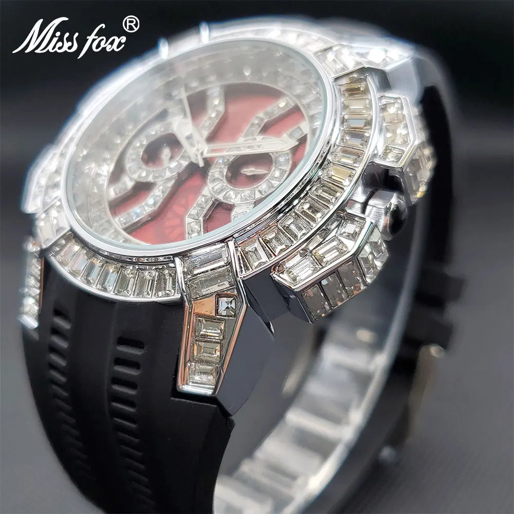 Men's Quartz Watches With Baguette Red Face Black Silcone Strap Dual Dial Watch For Man Unique Special Cool Iced Clock Dropship