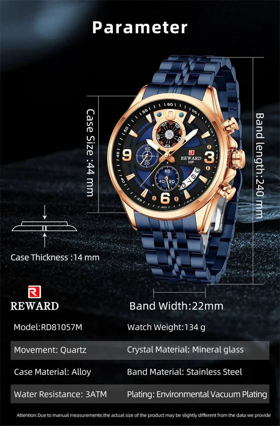 REWARD New Mens Watches Stainless Steel Luxury Waterproof Chronograph