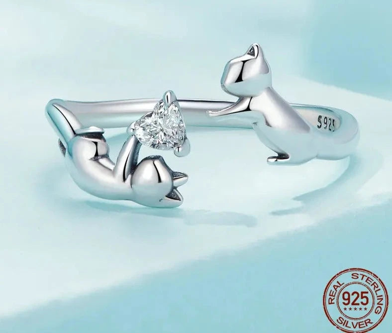 Silver Cute Double Cat Adjustable Ring.