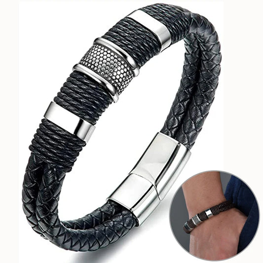 Leather Titanium Steel Braided Buckle Bangle Bracelet Men Tai Chi Bracelet Vintage Bangle Bracelets for Men Jewelry Gift