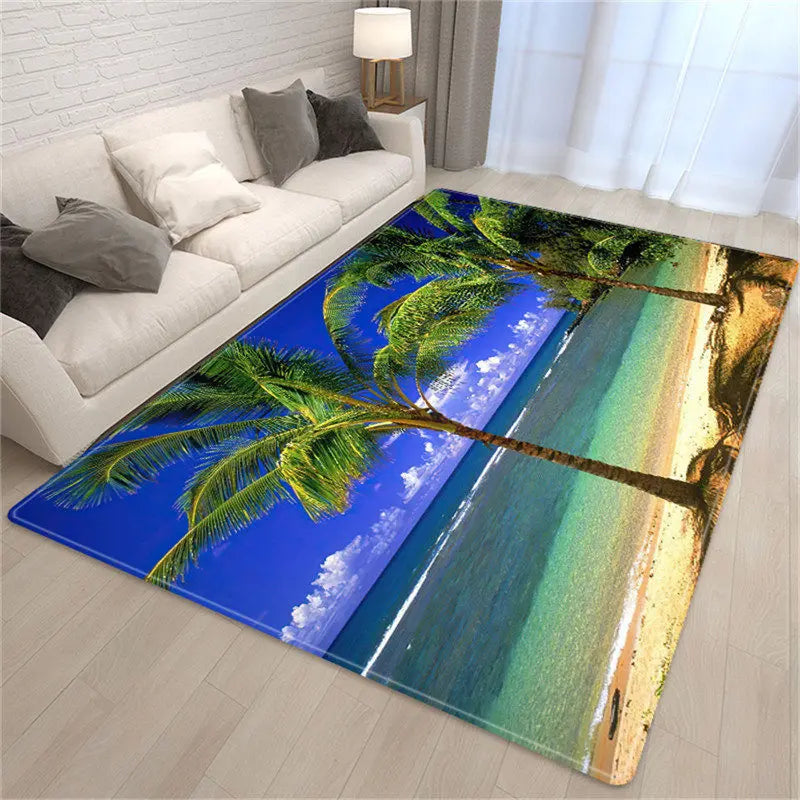 Palm Tree Sea Beach 3D Carpet Living Room Sofa Table Rug Soft Sponge Bedroom Bedside Rug Dining Carpet Rug for Bath Decoration