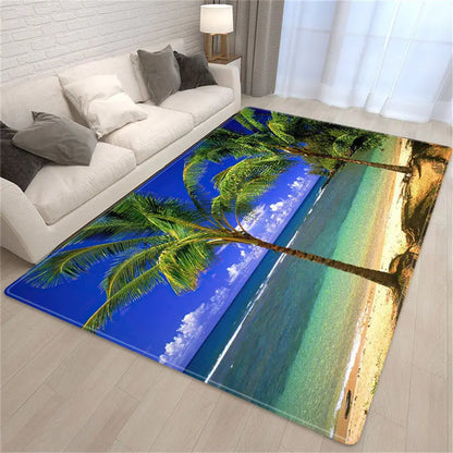 Palm Tree Sea Beach 3D Carpet Living Room Sofa Table Rug Soft Sponge Bedroom Bedside Rug Dining Carpet Rug for Bath Decoration