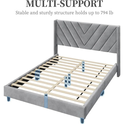 Queen Bed Frame Upholstered Platform Bed with Wing Side/Wooden Slat Support/Tufted Headboard