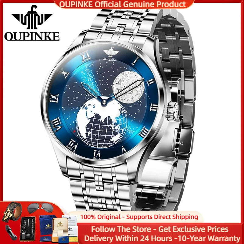 OUPINKE 3230 Men Watch Luxury 3D Earth Starry Sky Moon Phase Rotating Dial Business Waterproof Men Automatic Mechanical Watch