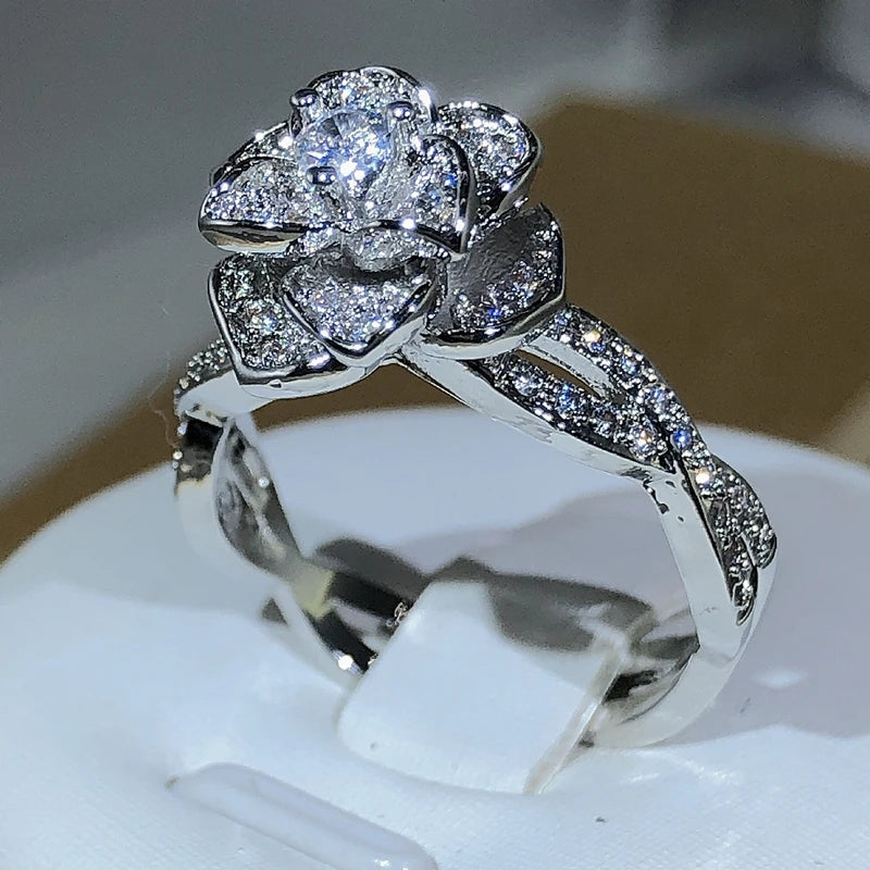 Sterling Silver Rose Ring White Zircon Full Diamond.