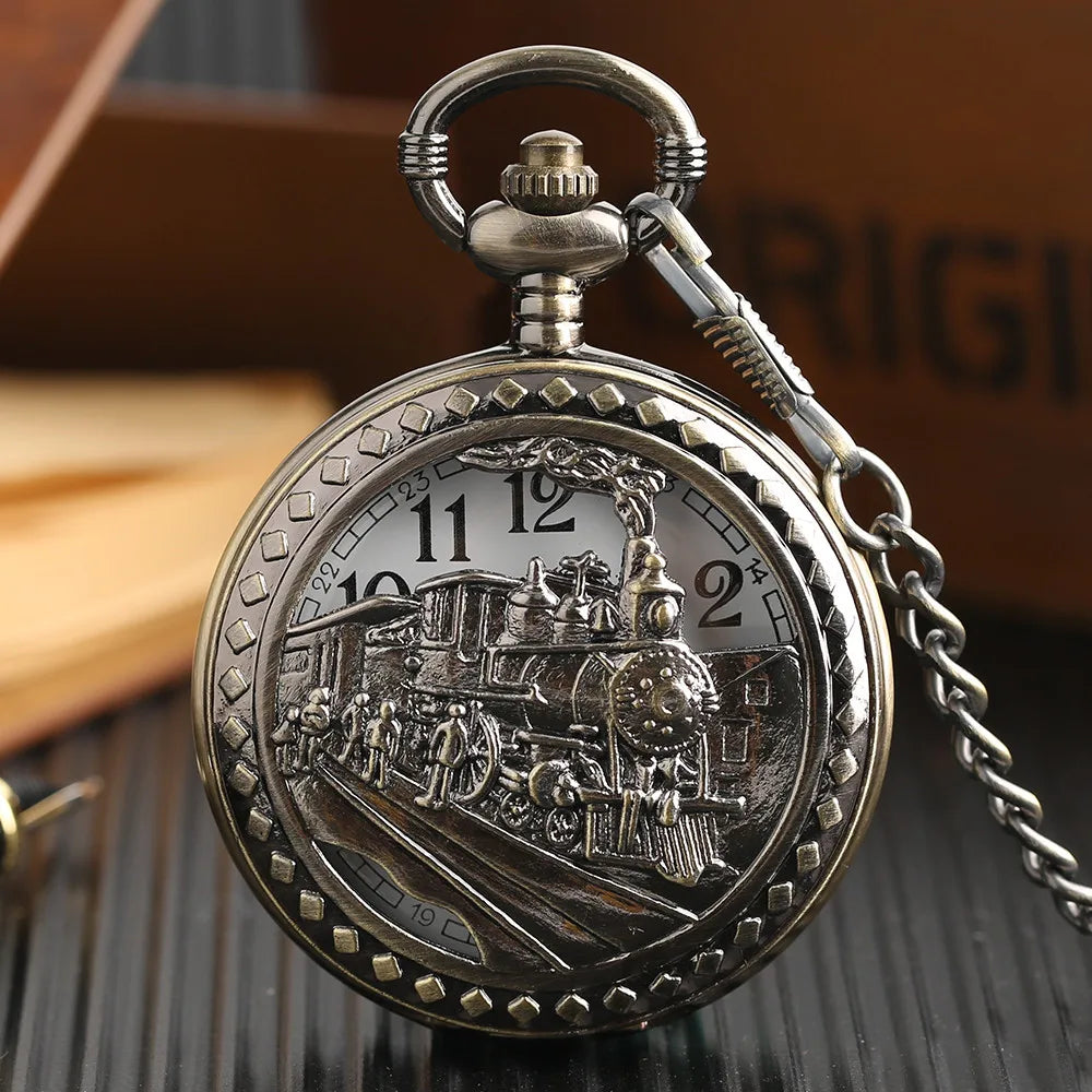 Vintage Retro Bronze Hollow Train Locomotive Steampunk Quartz Pocket Watch Women Men Necklace Pendant with Chain Birthday Gift