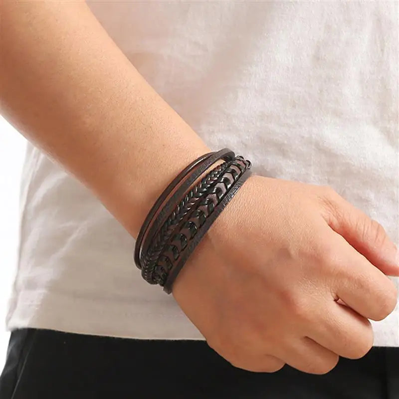 New Classic Hand-Woven Leather Bracelet 19/21/23cm Multilayer Leather Men Bracelets Punk Bangle for Friend Charm Jewelry Gifts