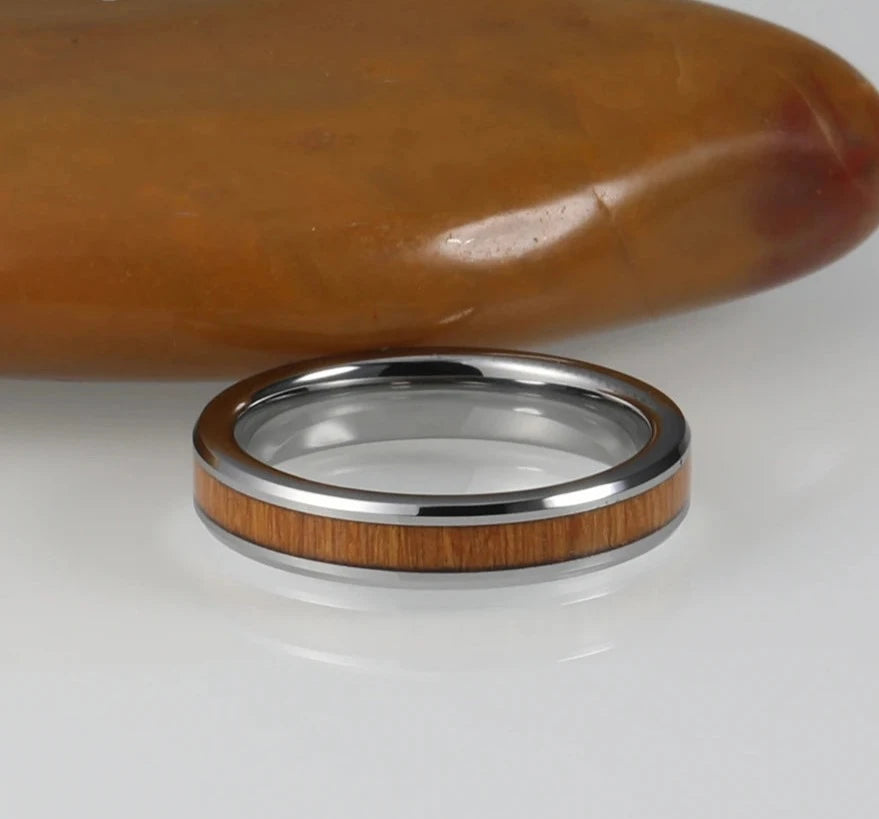 Tungsten Carbide Ring Yellow Peach Wood Inlay Women Men Vintage Wedding Band Jewelry Beveled Edges High Polished Comfort Fit