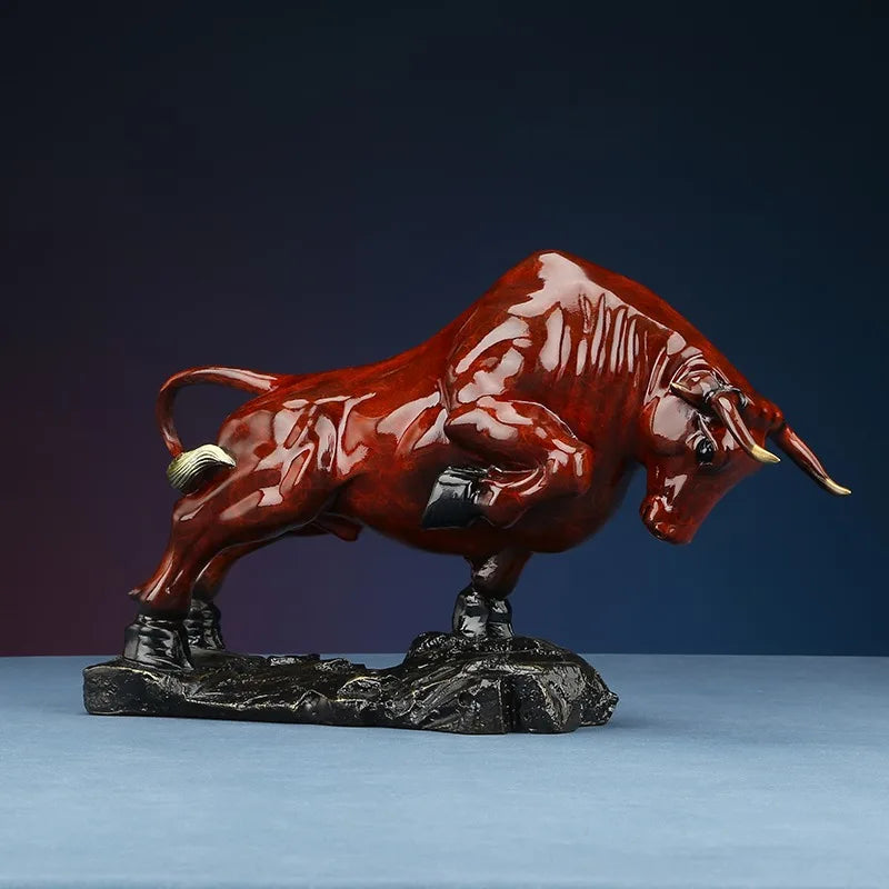 Red Bronze Forge Ahead Bull Statue.