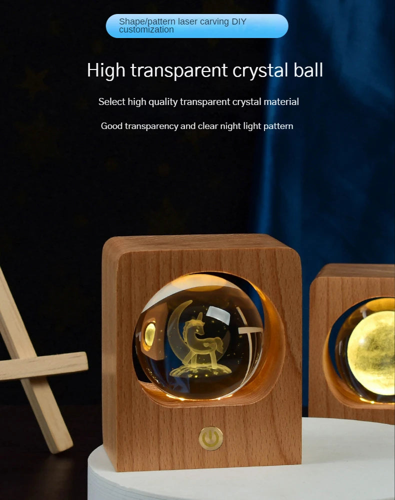 Wooden Case Luminous Crystal Ball Night Light 8cm/6cm 3D Galaxy Solar System LED Nightlights Dimmable Lamp for Decoration Gifts